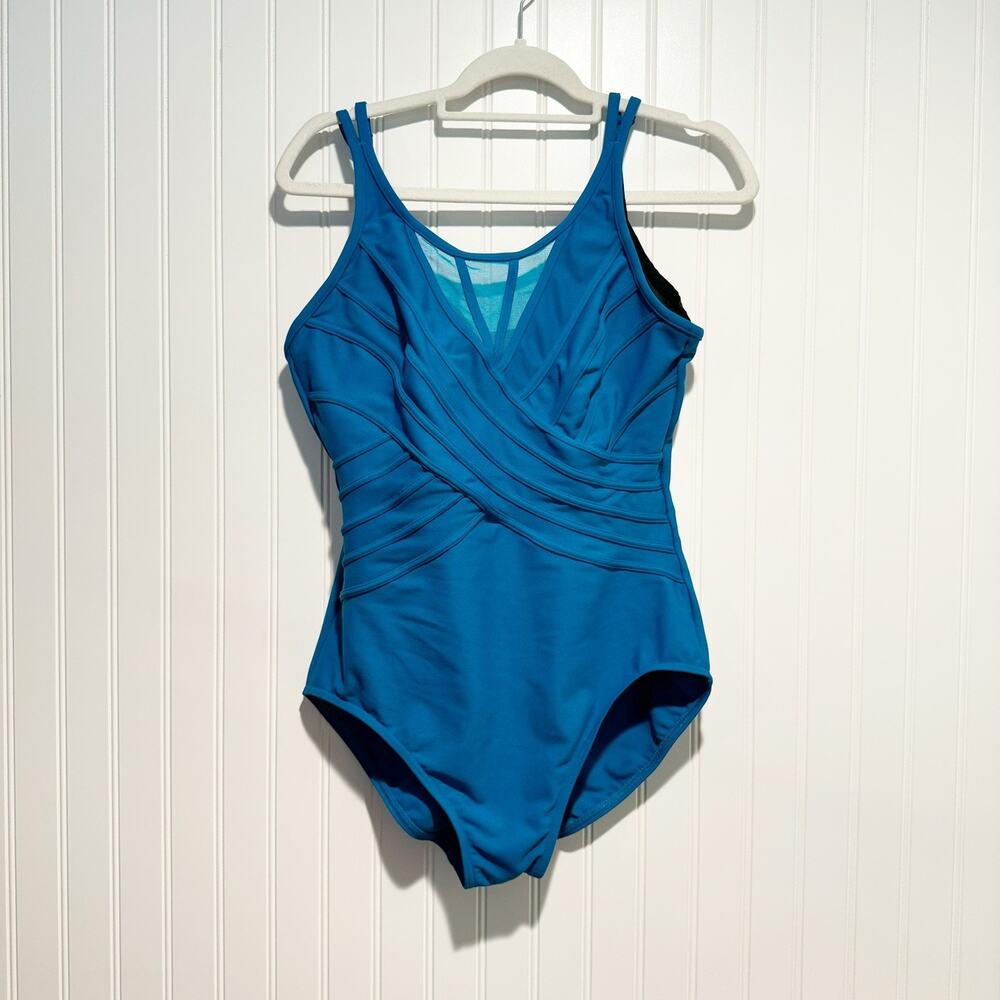 Miraclesuit Blue Illusionist Mesh Neck One Piece Swimsuit Size 14 - Picture 2 of 7
